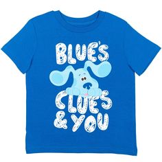 Your little one is dressed for an adventure in this adorable Blue’s Clues and You Short Sleeve T-Shirt. Help Blue by finding the paw prints and figuring out the clues with her friends Steve, Joe, Mr. Salt, Mrs. Pepper, Mailbox, and Magenta. Your kid is ready for fun and play with their favorite Blue's Clues puppy in this short sleeve graphic tee shirt featuring Blue. Funny Blue Tops For Playtime, Playful Blue T-shirt With Letter Print, Fun Blue T-shirt For Playtime, Blue Pre-shrunk T-shirt For Playtime, Pre-shrunk Blue T-shirt For Playtime, Blues Clues Characters, Light Dark Blue, Cartoon Sketch, Blue's Clues And You