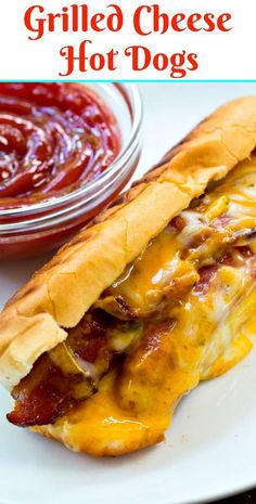 a grilled cheese hot dog on a plate with ketchup