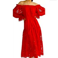 With Tag Size:S Will Fit To Size:M Retail:$444 Detail: Featuring Intricate Lace And A Shoulder-Baring Silhouette, This Lively Dress Is A Must-Have For Painting The Town Red. Off-The-Shoulder Midi Silhouette Pullover Styling Hand Wash Made In Usa 100% Polyester, Lining:100% Polyester. Measurements: Will Fit To Size:M Armpit To Armpit:18", Length:51" From Shoulder. Elegant Lace Off-shoulder Dress, Elegant Red Off-shoulder Dress For Spring, Elegant Red Off Shoulder Dress For Spring, Elegant Red Off Shoulder Dress For Summer, Red Off-shoulder Summer Cocktail Dress, Red Off-shoulder Dress For Cocktail, Red Off-shoulder Cocktail Dress, Red Off Shoulder Summer Party Dress, Red Off-shoulder Midi Dress For Evening