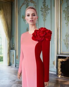 English Rose Color Block Long Sleeve Gown with Statement Flower – CaeliNYC Latest Chiffon Gown Styles, English Gown Styles, Latest Hairstyles For Ladies, Dress Elegant Long, Sleeve Gown, Elegant Party Dresses, Color Block Design, Long Sleeve Gown, English Rose