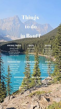 a poster with the words things to do in banff on it and some trees