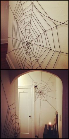 two pictures of a spider web on the wall