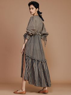 Women Cotton Dress, Statement Sleeves, Frill Dress, Striped Fabrics, Tiered Dress, Pink Stripes, Grey Stripes, Aza Fashion, Perfect Summer