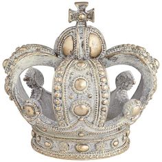 a white and gold crown with two people on it