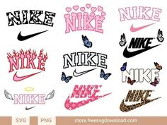 some different types of nike stickers on a white background with pink and black lettering