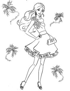 a girl in a dress with flowers on her head, and palm trees behind her