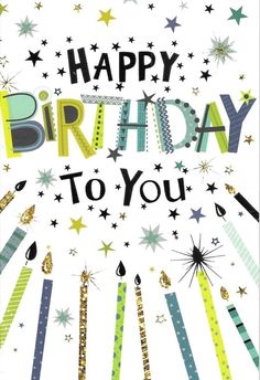 a birthday card with the words happy birthday to you written in black and gold stars