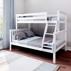 a white bunk bed with two drawers underneath it and a rug on the floor next to it