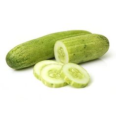 two cucumbers with slices cut in half on a white background