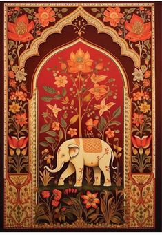 an elephant is standing in the middle of flowers and vines with a tree on it's side