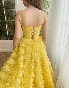 Sun-yellow Swirl Ball Gown | Teuta Matoshi Yellow Dresses With Fitted Bodice For Banquets, Yellow Dresses With Fitted Bodice For Banquet, Yellow Dress With Fitted Bodice For Banquet, Yellow Ball Gown With Fitted Bodice, Yellow Ruffled Wedding Dress, Fitted Yellow Dress For Wedding, Yellow Ball Gown For Evening, Yellow Fitted Ball Gown Evening Dress, Elegant Yellow Ball Gown Dress