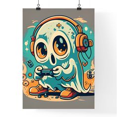 a poster with an image of a cartoon character wearing headphones and holding a video game controller