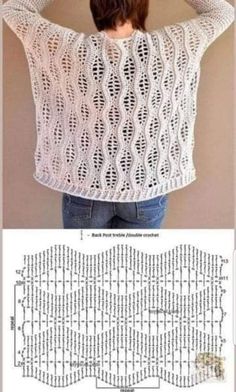 the back of a woman's sweater with an openwork pattern on it and text that