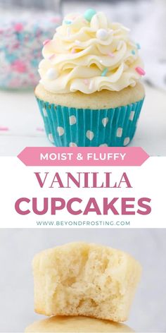 vanilla cupcakes with white frosting and sprinkles on top are shown