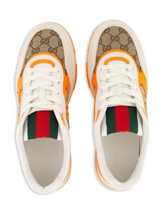 white/multicolour canvas/calf leather colour-block panelled design classic GG canvas signature Web detailing perforated detailing round toe front lace-up fastening branded insole flat rubber sole This item is in size 6 and the color is Orange White Calf Leather Sneakers With Logo Print, Designer White Sneakers With Rubber Sole, Gucci Multicolor Sneakers With Round Toe, White Canvas Sneakers With Logo Print, Gucci Multicolor Sneakers With Rubber Sole, Multicolor Gucci Sneakers With Rubber Sole, Gucci Multicolor Lace-up Sneakers, Multicolor Gucci Leather Sneakers, Designer White Calf Leather Sneakers