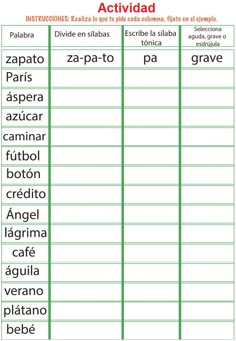 an activity sheet with spanish words and pictures