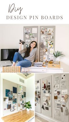 a woman sitting on top of a wooden table next to a wall covered in pictures