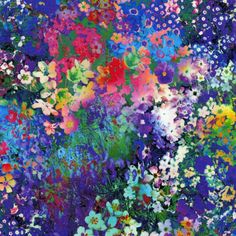 an abstract painting with many different colors and flowers in the center, including blue, green,