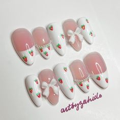 Strawberry coquette french tip press-on nails hand-painted by me! Easy to put on.  Please follow the steps to complete your sizing information (in the last photo). Message me the photos when you're done. Please take them clearly and in good lighting so I can properly determine your size. Also, please include your desired shape and length of the nail.  Sets are handmade which means that there may be a slight variation from photos. Nails are reusable when handled with care. All press-on orders include: 10 nails, nail glue, nail file, alcohol wipe, and instructions. If you have any questions, please feel free to contact me! ⭐️You can also request a design too just message me!⭐️ Instagram~ @artbyzahide Cute Nails Strawberry, Press On Sets, Press On Nails Cute, Clear Nail With Design, Strawberry Toenails, Chocolate Strawberry Nails, Strawberry Themed Nails, Cute French Nail Designs, Strawberry French Tip Nails