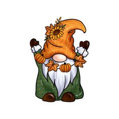 an orange and white gnome with sunflowers on his head, sitting in the grass