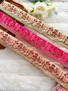 Sari border embroidered with Zari and Sequin work in Gold Traditional Trim Border Lace for Sari, Dupatta border.,  Width - 13115BT-299 - 6 Cm 13336BT-299 - 3.7 Cm  R2 16B USED FOR Craft Projects  Designing  Home Decoration  Festive celebrations.  Occasional apparels  Evening and party Apparels.  Home decor items Apparel & Fashion  Scarves n Stoles Shoe designing Headband, hats Table cover, curtains Designing stylish blouses A variety of handmade ITEMS and many other items according to your imagination. OUR PRODUCTS WILL TAKE YOUR IDEAS AND THOUGHTS TO A NEW PARAMETERS .SO FOR SHAPING YOUR IDEAS TRY THEM AND U WILL LOVE THEM About us We are confident of providing you the best of the products and will be delighting you always with the experience you have with us. We request you all to help u Pink Saree Set With Embroidered Border, Pink Traditional Wear With Embroidered Border For Diwali, Pink Festive Set With Embroidered Border, Pink Lehenga With Embroidered Border For Navratri, Festive Pink Set With Embroidered Border, Bohemian Semi-stitched Embroidered Fabric With Border, Semi-stitched Bohemian Embroidered Fabric With Border, Festive Multicolor Embroidered Dupatta With Border, Pink Embroidered Festival Sets