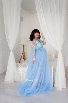 Blue Maternity Dress, Formal Dress, Maternity Photoshoot Dress Lace Maternity Boudoir Gown for Photo Shoot made of soft tulle and embroidery on tulle. Dress has long sleeves, is floor length and has V neckline. Dress is adjustable Can be used as baby shower dress if you add linen on checkout in the options below size variations. Dress can be also tailored with long 60 inches train and lace appliques on skirt, you can select this option on checkout in the variations below the size. Materials: emb Blue Maxi Maternity Dress For Wedding, Blue Maxi Length Maternity Dress For Wedding, Blue Long Sleeve Maternity Dress For Wedding, Blue Tulle Maternity Gown, Maternity Fitted Gown With Tulle Skirt, Fitted Maternity Gown With Tulle Skirt, Maternity Long Sleeve Tulle Gown, Maternity Tulle Gown With Long Sleeves, Blue Tulle Maternity Dress For Wedding