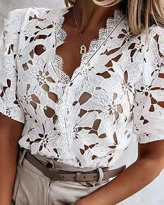 Size: S,M,L,XL;Style:ChicType:BlousesMaterial:LaceNeckline:V-NeckSleeve Style:Puff SleeveLength:RegularPattern Type:PlainFit Type:RegularOccasion:DailyPackage Include:1* Blouse White V-neck Top For Party, Feminine White V-neck Blouse, White V-neck Top For Brunch, Chic White V-neck Blouse, Lace Cutout, Chic Type, Mesh Bodysuit, Lace Neckline, Guipure Lace