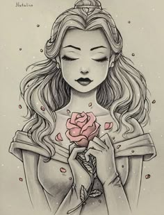 a drawing of a woman holding a rose