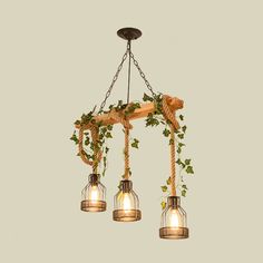 three lights hanging from a wooden beam with ivy growing on the top and below them