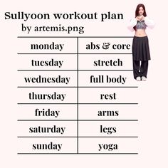 a woman standing in front of a sign that says, sullyon workout plan