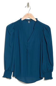 Smocking lends trend-right charm to this button-up shirt that's cut from lightweight woven fabric for easy wear. 24 1/2" length (size Small) Front button closure V-neck Long sleeves with elastic cuffs 100% polyester Machine wash, tumble dry Imported Teal Shirt, Dark Teal, Neck Shirt, Easy Wear, Woven Fabric, Nordstrom Rack, Smocking, Button Up Shirts, Button Up