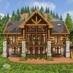 this is an artist's rendering of a log cabin style house in the woods