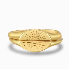 Sun And Moon Ring Set on a white background Gold Moon Phase Ring As Gift, Gold Crescent Spiritual Ring, Spiritual Gold Crescent Ring, Spiritual Crescent Gold Ring, Gold Celestial Engraved Ring As Gift, Gold Open Ring With Moon Phase, Gold Celestial Style Stackable Open Rings, Gold Open Ring With Moon Phase Detail, Gold Jewelry With Sun And Moon Design