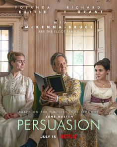 a movie poster for persuasion with two women and an older man sitting on a couch