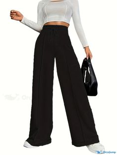 Orcajump - Wide Leg Sports Pants With Drawstring,Solid Color Loose Joggers Pants, Women's Athleisure Stretch High Waist Wide Leg Pants With Drawstring, Stretch Full Length Wide Leg Pants With Drawstring, Stretch Full-length Wide Leg Pants With Drawstring, High Waist Drawstring Leisure Pants, Leisure High Waist Drawstring Pants, Leisure High-waist Drawstring Pants, High-waisted Stretch Sweatpants With Drawstring, High-waisted Drawstring Sweatpants, Stretch High-waisted Sweatpants With Drawstring