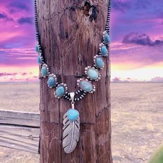 Natural turquoise squash blossom necklace with stone and feather pendant. length: 32" Necklace With Stone, Turquoise Squash Blossom, Feather Necklace, Squash Blossom Necklace, Squash Blossom, Feather Pendant, Feather Necklaces, Western Jewelry, Cowgirl Style