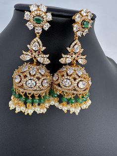 Moissanite Ad Green Stone Jhumkas with Beads and Pearls. Length : 2.5 Inches; Weight : 18 grams each Push Back Ready to ship from Boston, Massachusetts. Antique Necklace Victorian, Real Pearl Necklace, Ethnic Necklaces, Traditional Earrings, Kundan Necklaces, Jhumka Earrings, Oxidised Jewellery, Boston Massachusetts, Temple Jewellery