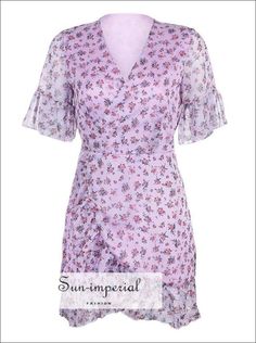 Sun-Imperial Material:Chiffon Silhouette:Fit and Flare Age:Ages 35-45 Years Old Season:Summer Neckline:V-Neck Sleeve Length(cm):Short Sleeve Style:Flare Sleeve Decoration:Ruffles Style:Bohemian Waistline:empire Pattern Type:Floral Dresses Length:Above Knee, Mini Dress:Irregular dress Color:Purple size:S/M/L/XL Occasion: :Any occasion Decoration:beach See size chart : https://sun-imperial.com/pages/size-chartSizing advice :Most items run small ( discluding swimsuits and shoes) - If you are not su Summer Purple Chiffon Dresses, Fitted Chiffon Dress With Ruffle Hem For Spring, Purple Short Sleeve Chiffon Dress, Fitted Purple Chiffon Dress For Spring, Purple Chiffon Short Sleeve Dresses, Spring Purple Fitted Chiffon Dress, Purple Chiffon Mini Dress, Chic Fitted Purple Chiffon Dress, Lavender Chiffon Dress With Ruffles