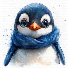 a watercolor painting of a penguin wearing a blue scarf and looking at the camera