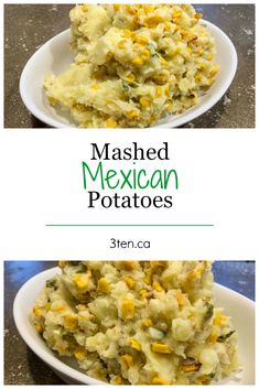 mashed mexican potatoes in a white bowl on top of a table with the title above it