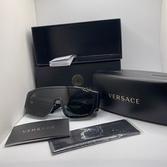 Questions? Leave A Comment Below! Designer Black Shield Sunglasses With Uva Protection, Designer Black Sunglasses With Uva Protection, Luxury Black Shield Sunglasses With Uv Protection, Luxury Black Polarized Shield Sunglasses, Formal Black Shield Sunglasses With Uva Protection, Formal Black Shield Sunglasses With Tinted Lenses, Black Shield Sunglasses With Uva Protection For Formal Occasions, Formal Black Tinted Shield Sunglasses, Sunglasses Versace