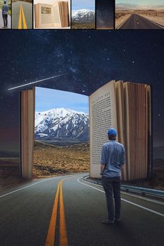 an open book sitting on the side of a road next to a person standing in front of it