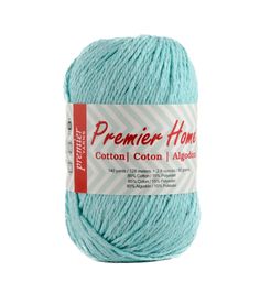 a ball of blue yarn with the words premier home written on it in red and white