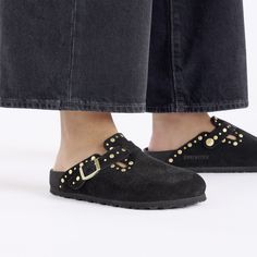 Boston Rivets Suede Leather Black | BIRKENSTOCK Fall Wedges, Studded Clogs, Black Birkenstock, Boys Sandals, Boston Clog, Suede Fashion, Strap Wedge, Birkenstock Boston, Shoe Insoles