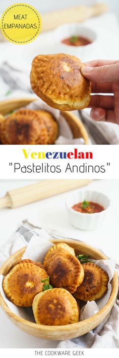 some food is in a wooden bowl on a white table and the title reads, venezuelan pastellos andinos