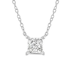 Your perfect daily go-to. This solitaire necklace features a white gold chain and princess-cut diamond on a four-prong basket. Its subtle sparkle delivers a clean, classy look that complements any ensemble. The timeless appeal of this minimalist diamond solitaire necklace also makes it the perfect gift. White Gold Solitaire Necklace With Princess Cut Diamond, White Gold Solitaire Princess Cut Diamond Necklace, Elegant Princess Cut Diamond Solitaire Necklace, Princess Cut Diamond Solitaire Necklace Gift, Formal White Diamond-cut Solitaire Necklace, White Gold Chain, Solitaire Necklace, Diamond Solitaire Necklace, White Gold Chains