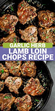 garlic herb lamb loin chops recipe in a cast iron skillet with text overlay