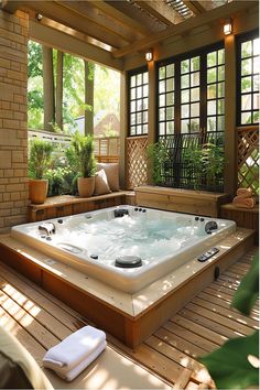 Contemporary hot tub in a zen garden with bamboo and privacy walls, designed for relaxation and meditation. Master Patio, Indoor Hot Tub