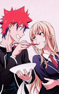 two anime characters are eating food with chopsticks in their hands and looking at each other