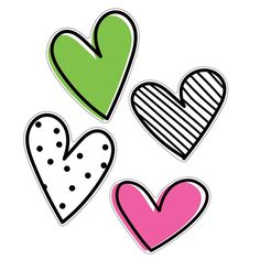 three heart shaped stickers are shown in different colors and shapes, one is pink, the other is green